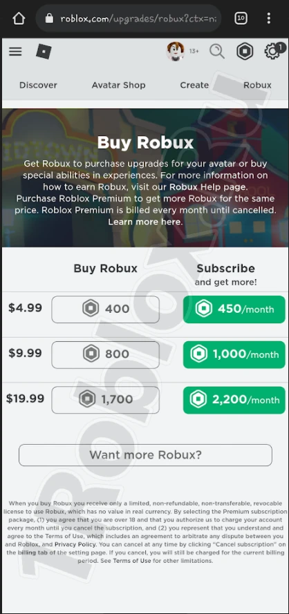 Choosing the number of Robux to buy on a phone