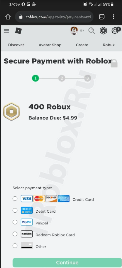 Payment methods for Robux on a phone