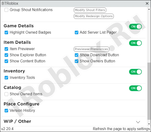 Additional BTRoblox Settings