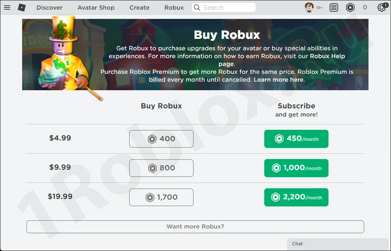 Robux purchase buttons in Roblox