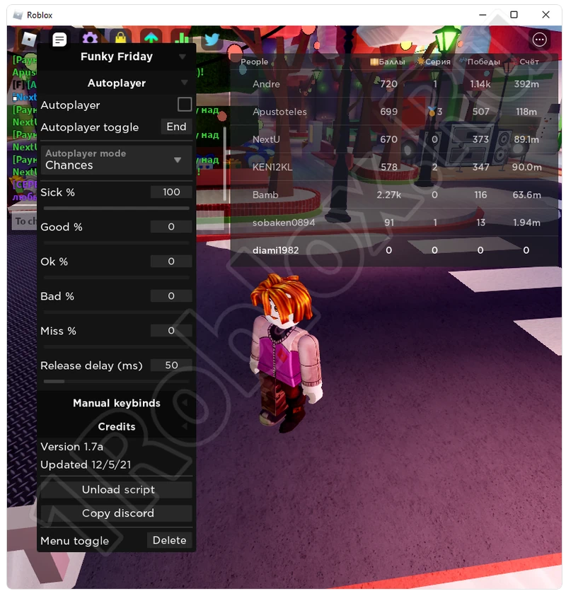 Working with the cheat for Funky Friday in Roblox