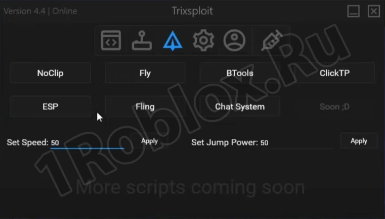 Functions of the Trixsploit cheat for Roblox