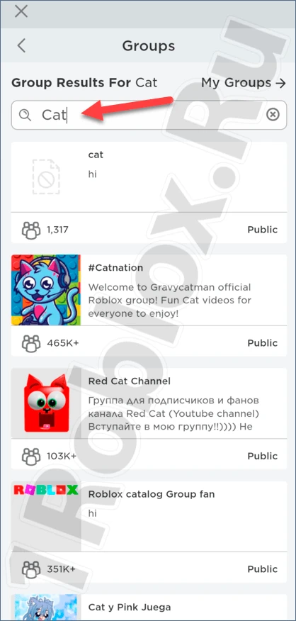 Searching for a group in Roblox from a phone